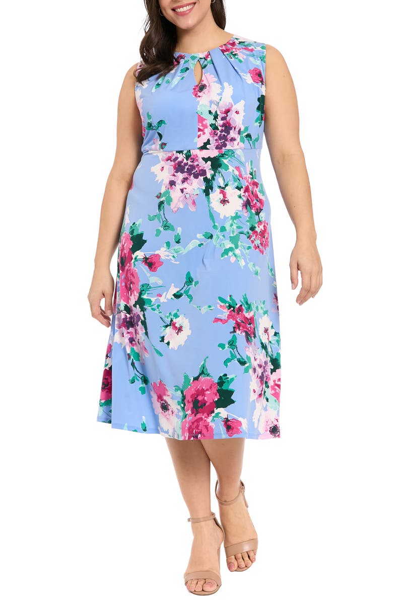 London Times Floral Print Keyhole Midi Dress, Main, color, Sky/ Pink