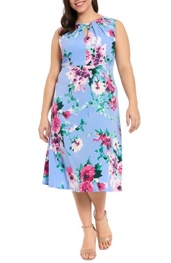 London Times Floral Print Keyhole Midi Dress in Sky/Pink at Nordstrom Rack, Size 24W
