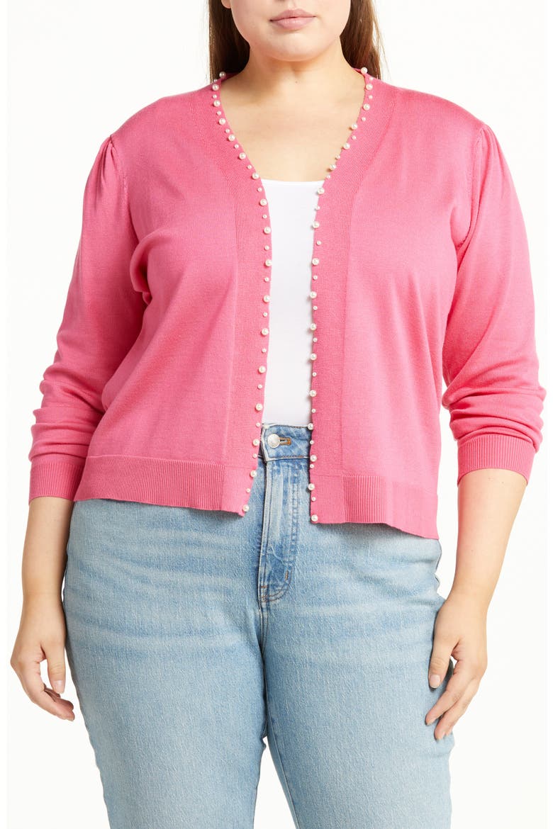 Panther Pearly Beaded Open Front Cardigan, Main, color, FANDANGO PINK