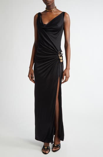 ワンピース VERSACE SAFETY PIN GATHERED MIDI DRESS Versace Safety Pin Gathered Jersey Midi Dress In Black