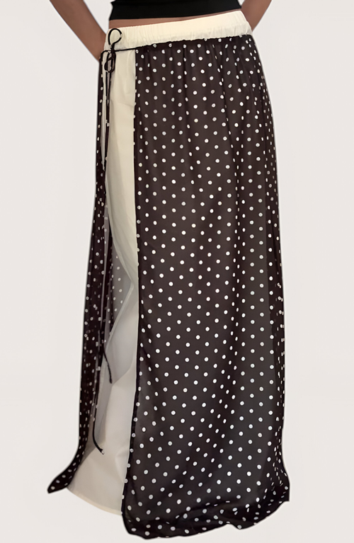 Modenaire Polka Dot Overlay Contrast Panel Side-tie Maxi Skirt In Black
