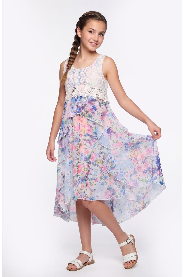 Kids' Lace Trim High-Low Dress, Alternate, color, WHITE MULTI