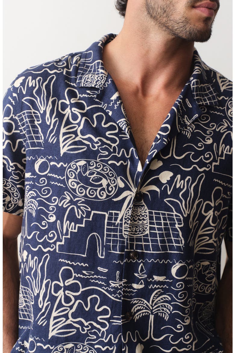 Island Motif Linen Blend Camp Shirt, Alternate, color, NAVY/ WHITE ISLAND MOTIF
