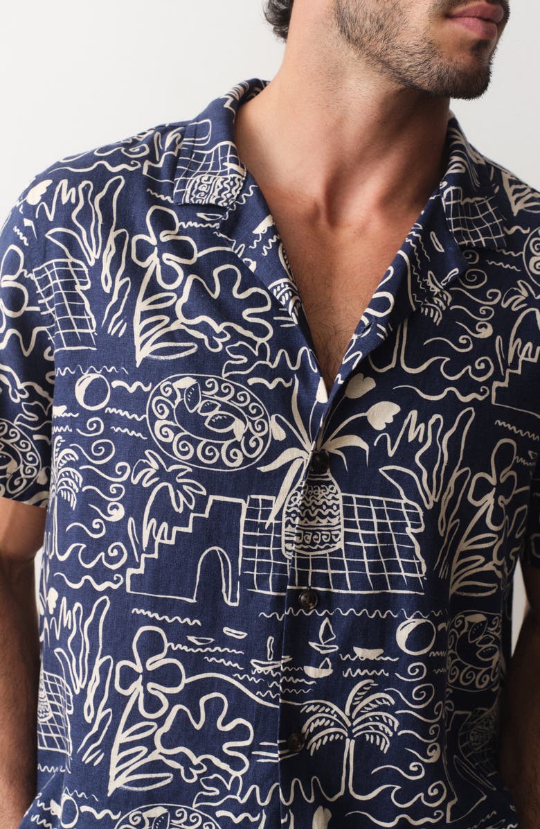 Marine Layer Island Motif Linen Blend Camp Shirt, Alternate, color, Navy/ White Island Motif