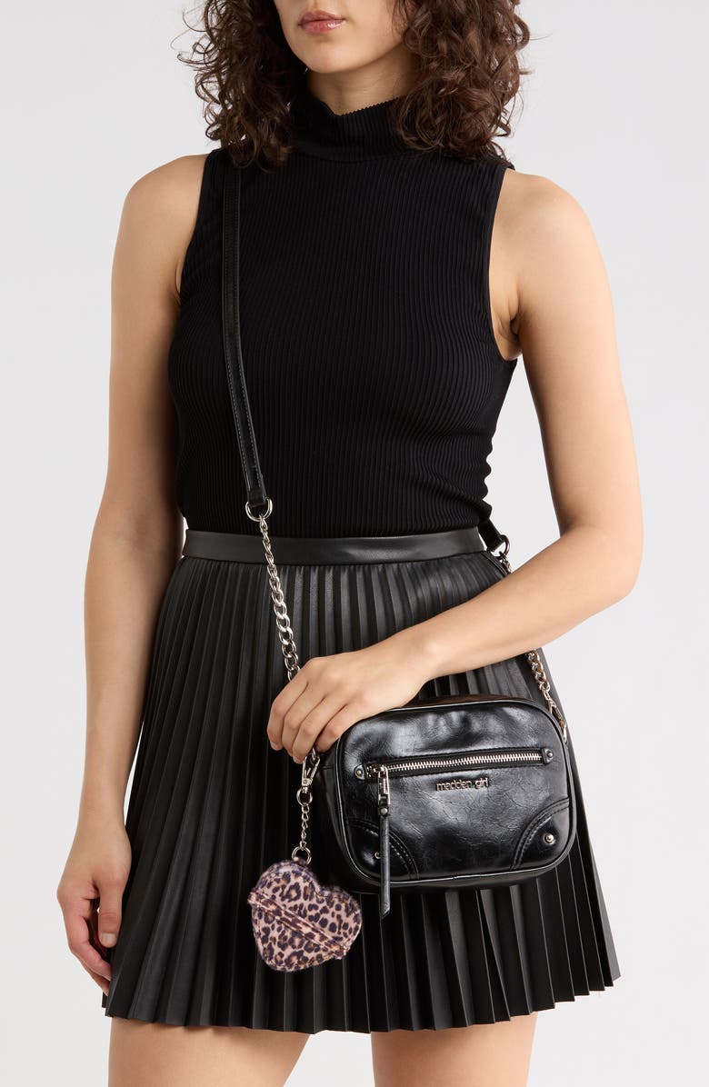 Madden Girl Crinkle Faux Leather Camera Crossbody Bag with Pouch, Alternate, color, Black