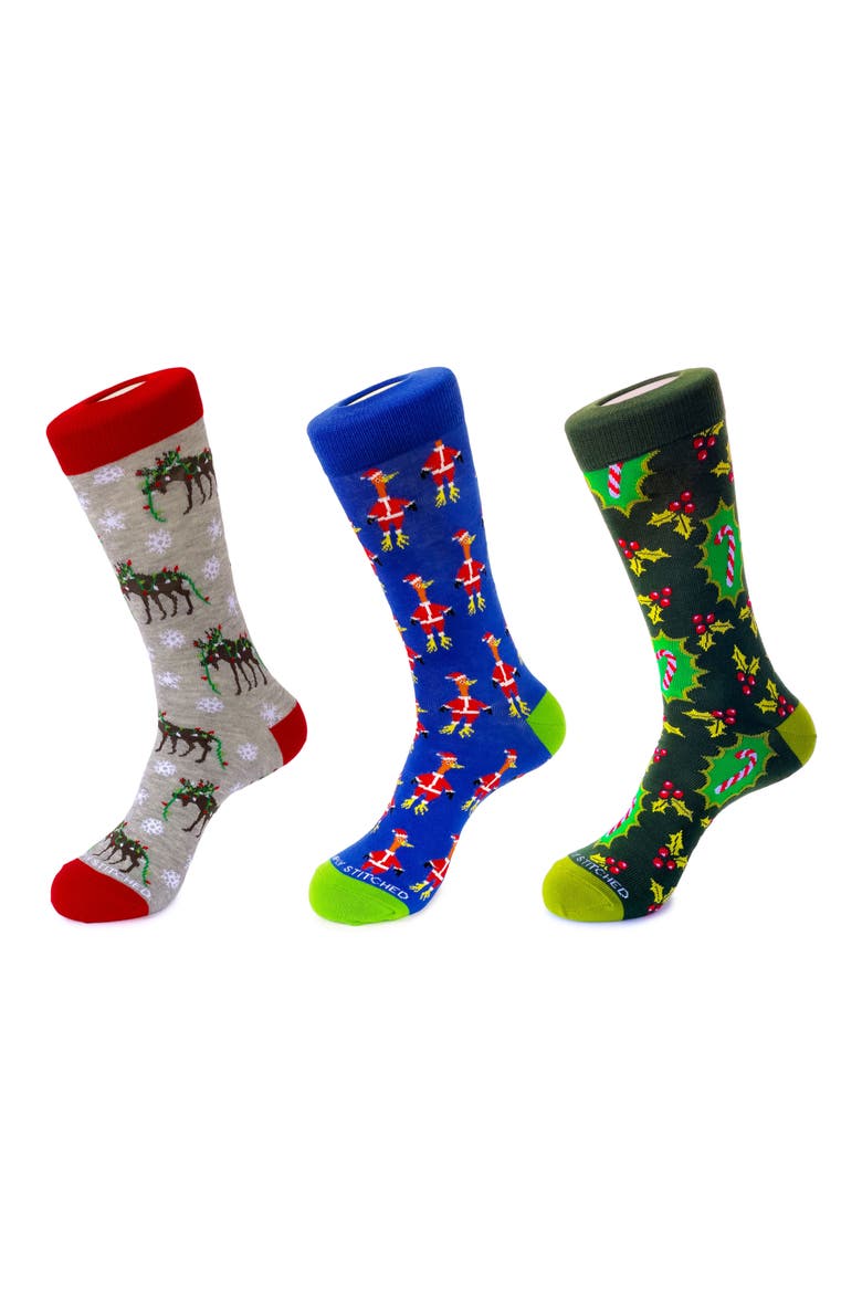 3-Pack Holiday Crew Socks, Main, color, BLUE GREY GREEN