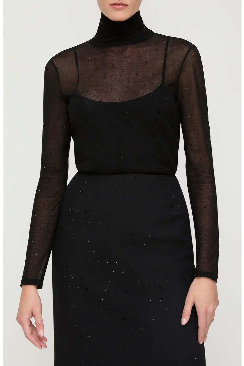 Sheer Embellished Turtleneck Sweater, Main, color, BLACK