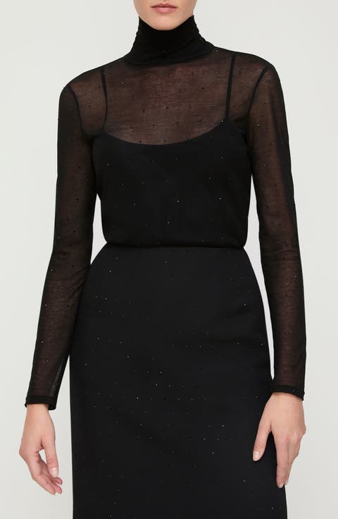 Sheer Embellished Turtleneck Sweater