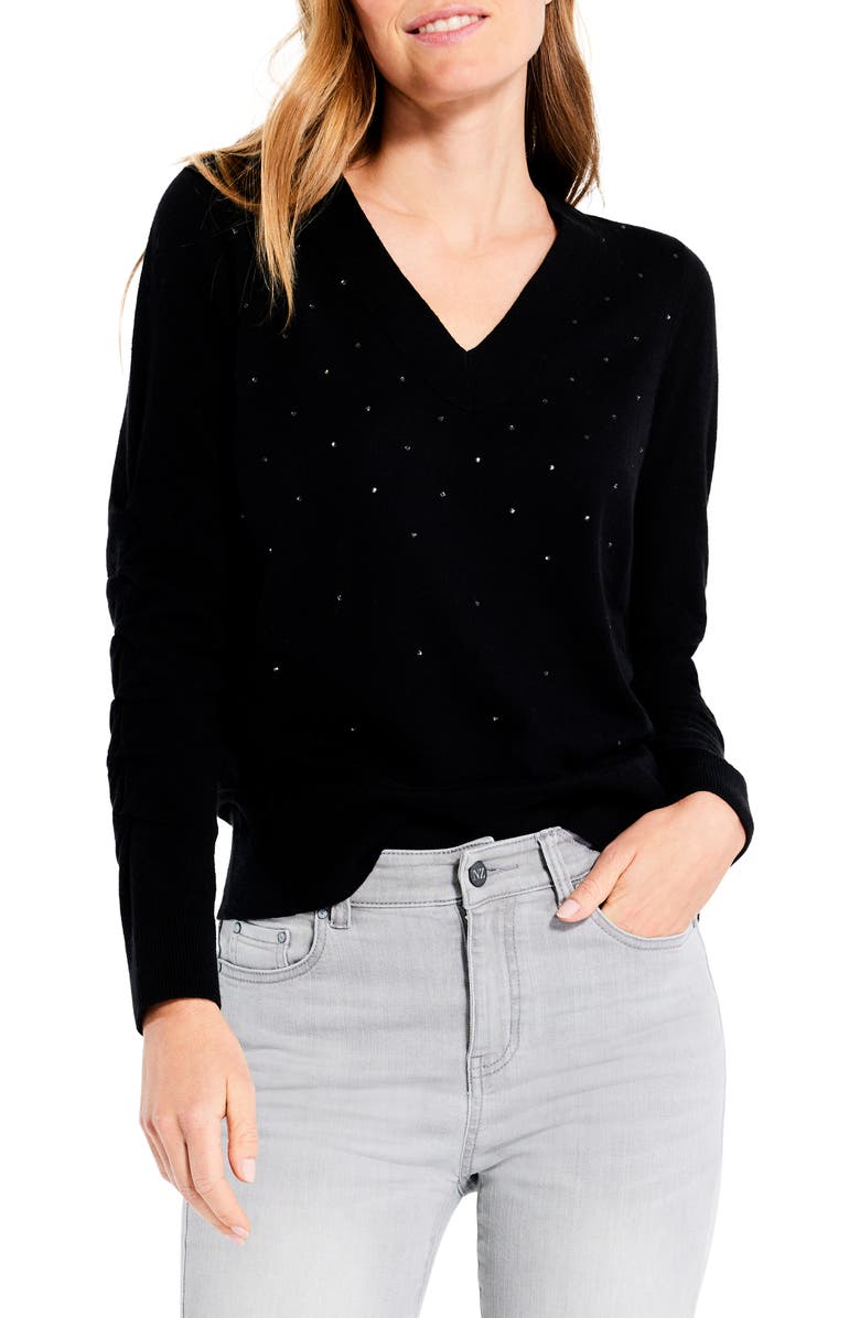 NIC+ZOE Rhinestone Embellished V-Neck Sweater, Main, color, 