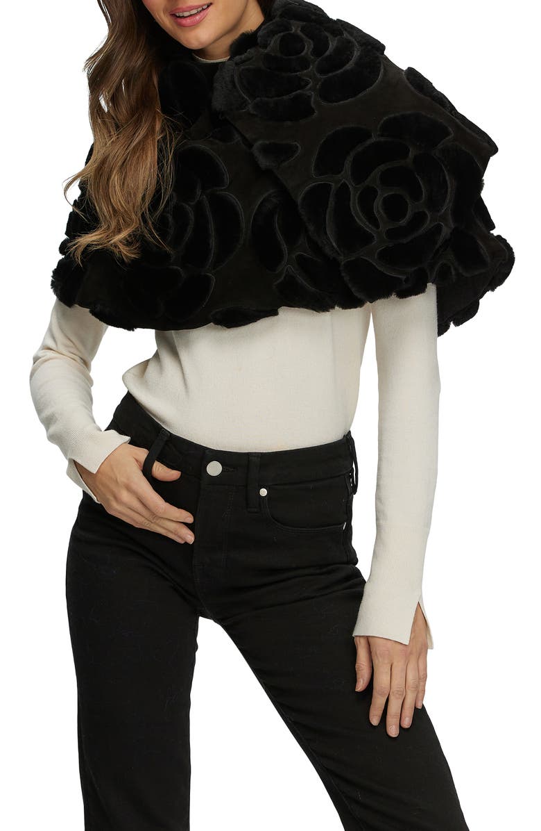 GORSKI Genuine Shearling/Suede Floral Embroidered Stole Reversible To  Cashmere And Wool Blend, Alternate, color, Black/Black