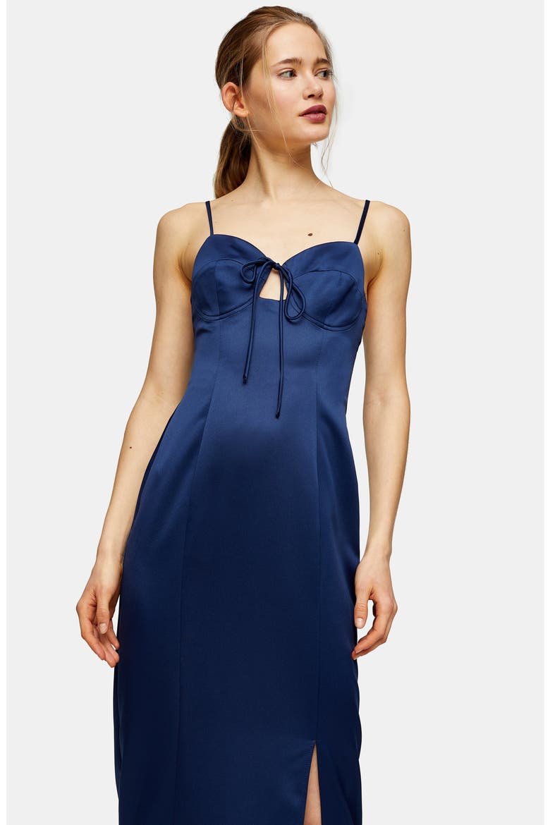 Bustier Bodice Satin Midi Slipdress, Alternate, color, NAVY BLUE