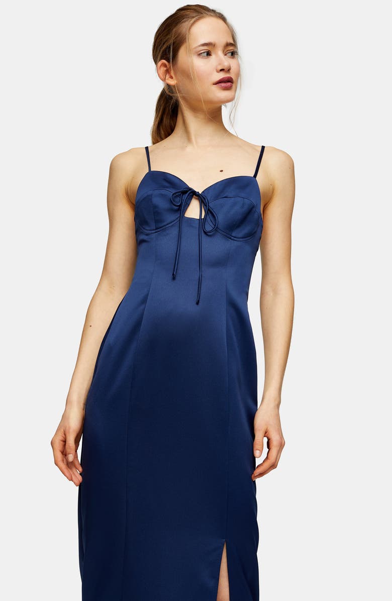 Topshop Bustier Bodice Satin Midi Slipdress, Alternate, color, 