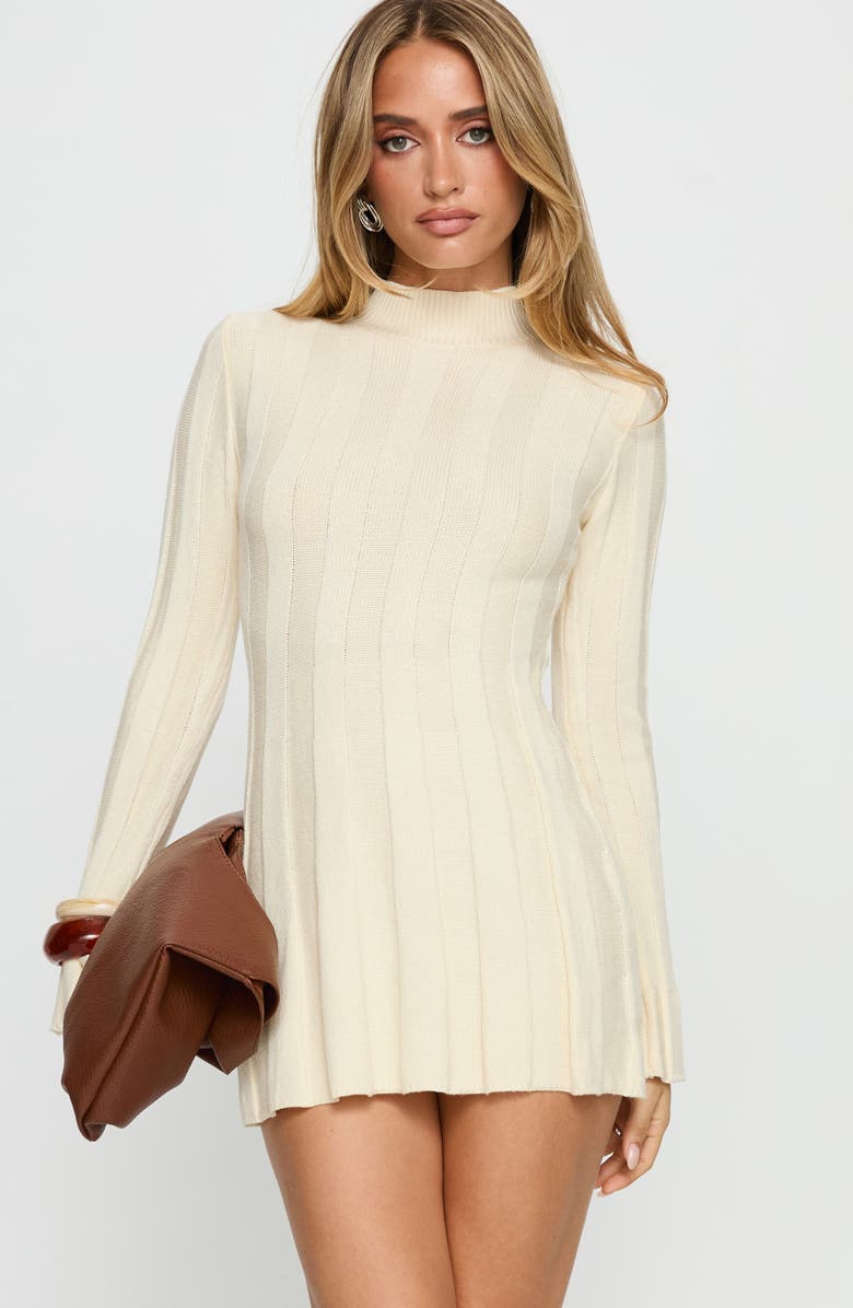 Princess Polly Carlee Mock Neck Long Sleeve Rib Sweater Minidress, Alternate, color, Cream