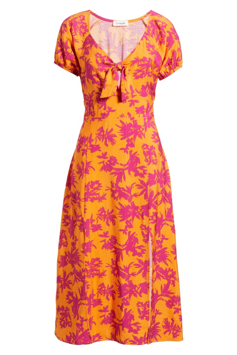 Tie Front Slit Midi Dress, Alternate, color, ORANGE/ FUCHSIA