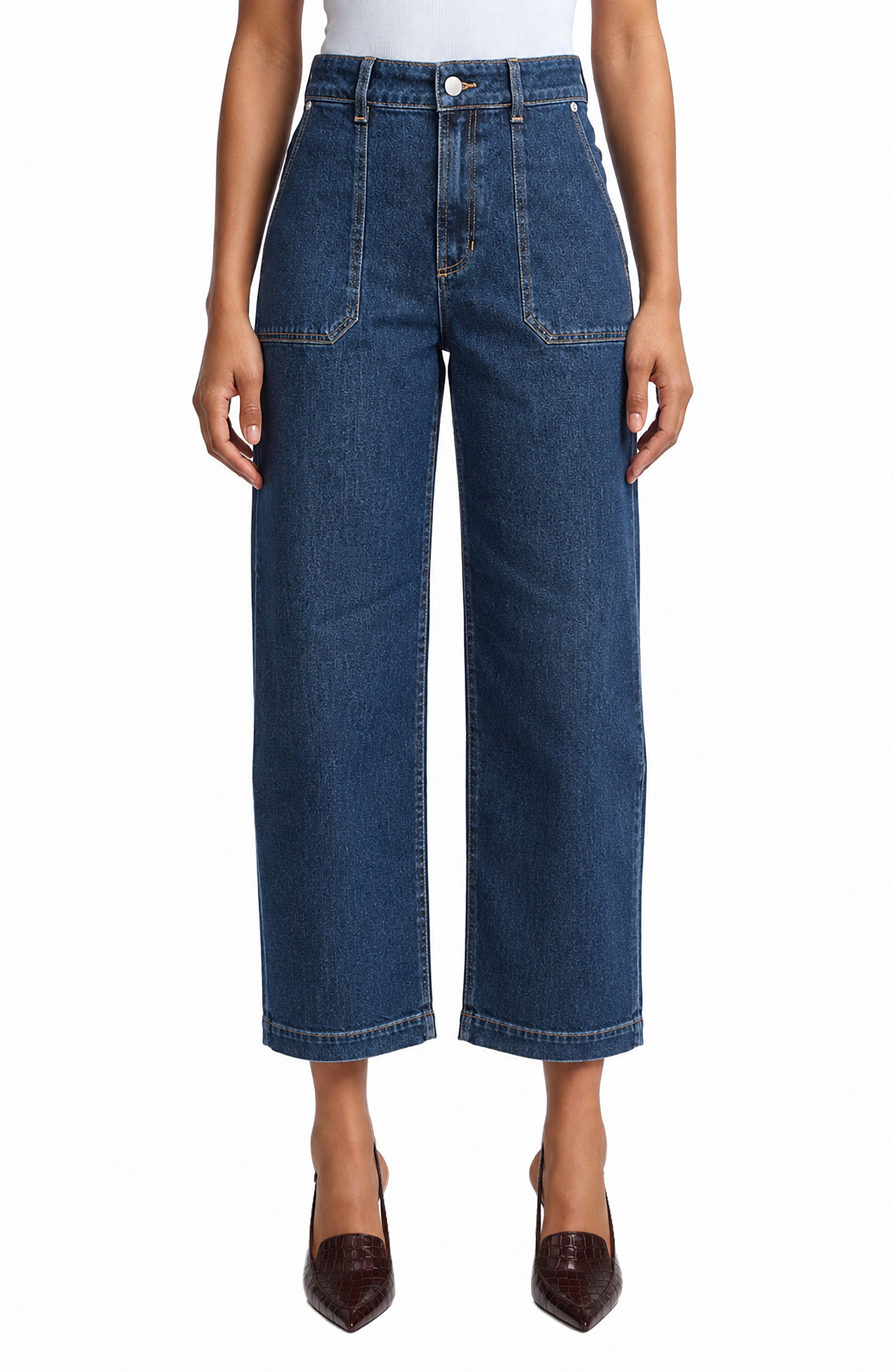 High Waist Patch Pocket Straight Leg Jeans