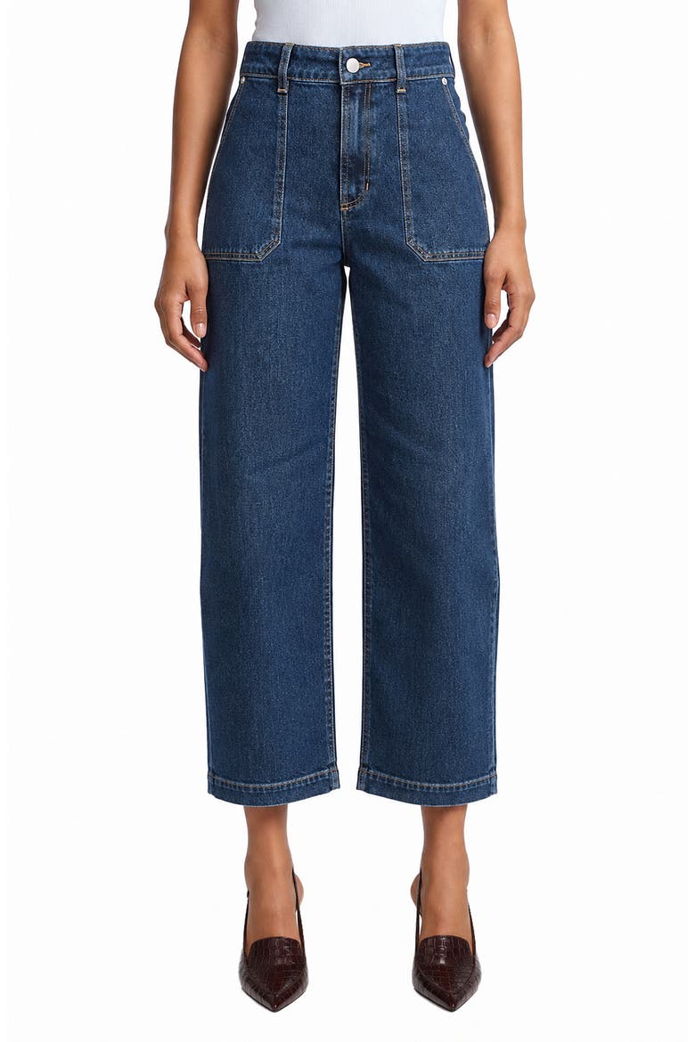 High Waist Patch Pocket Straight Leg Jeans, Main, color, DARK WASH