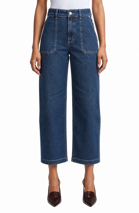 High Waist Patch Pocket Straight Leg Jeans
