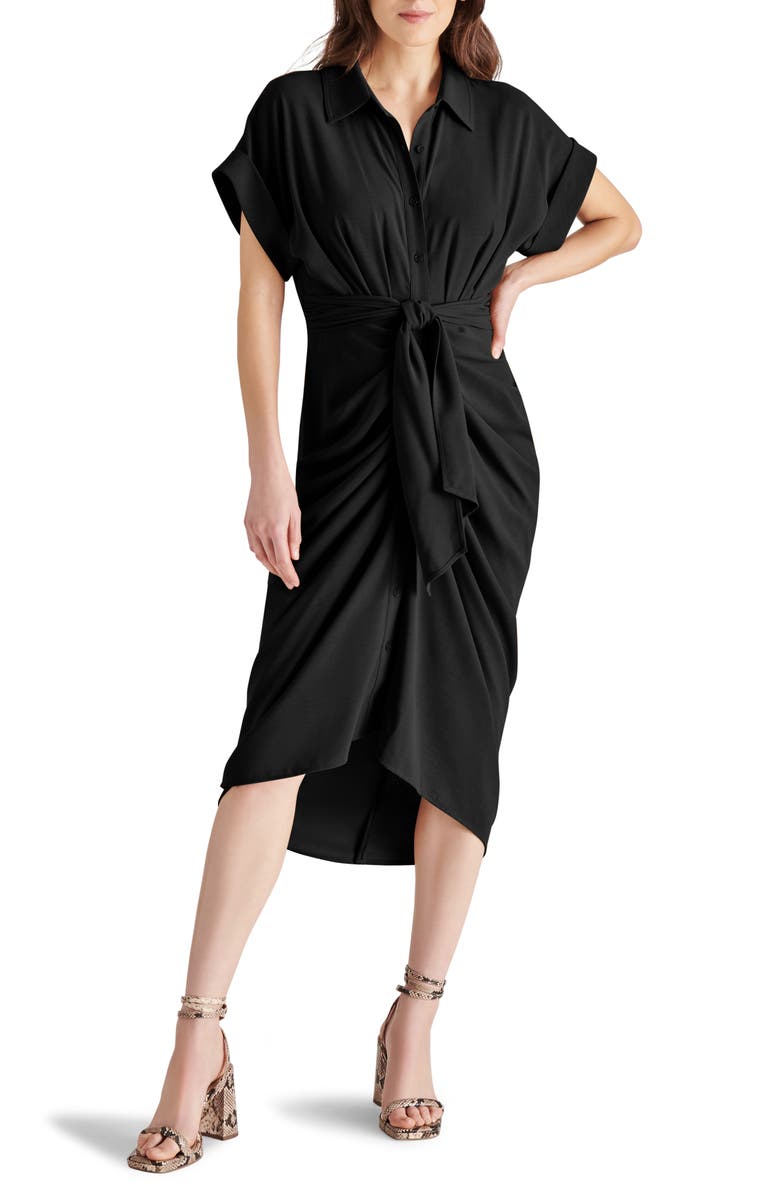 Steve Madden Tori Belted Ruched Slub Midi Shirtdress, Main, color, 