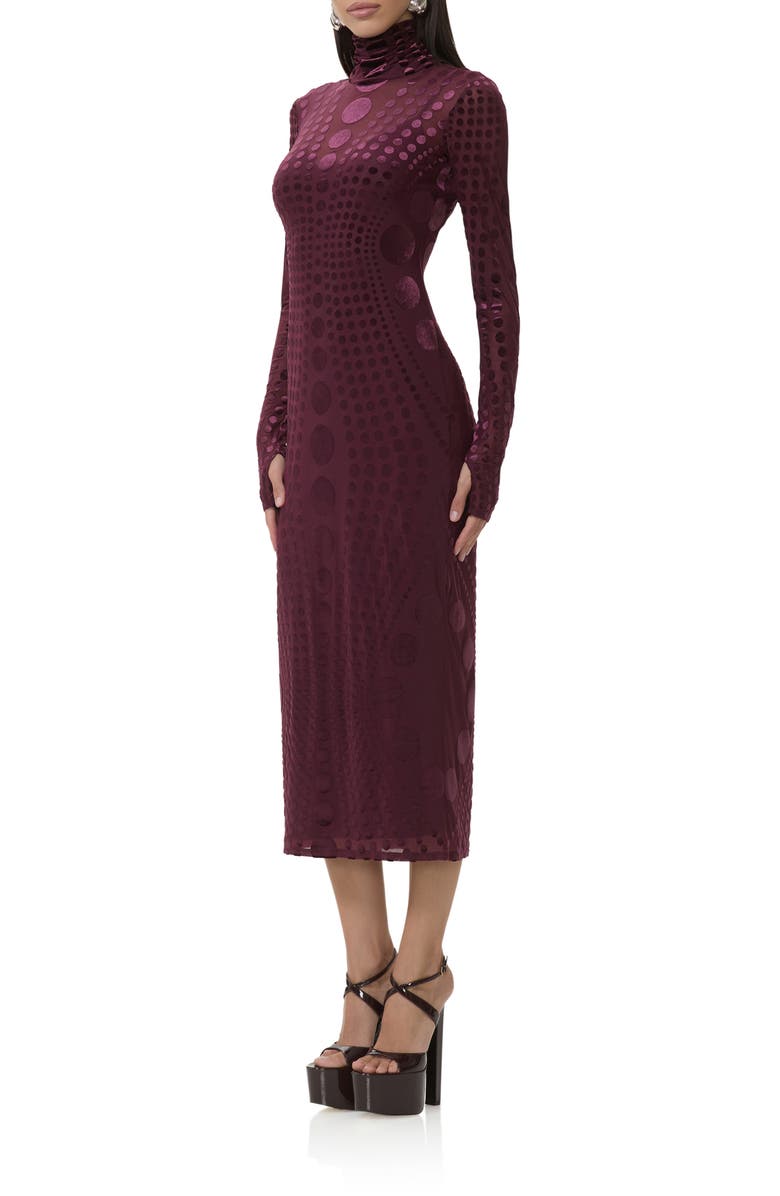 AFRM Shailene Long Sleeve Burnout Velvet Dress, Alternate, color, Cabernet Tonal Dot