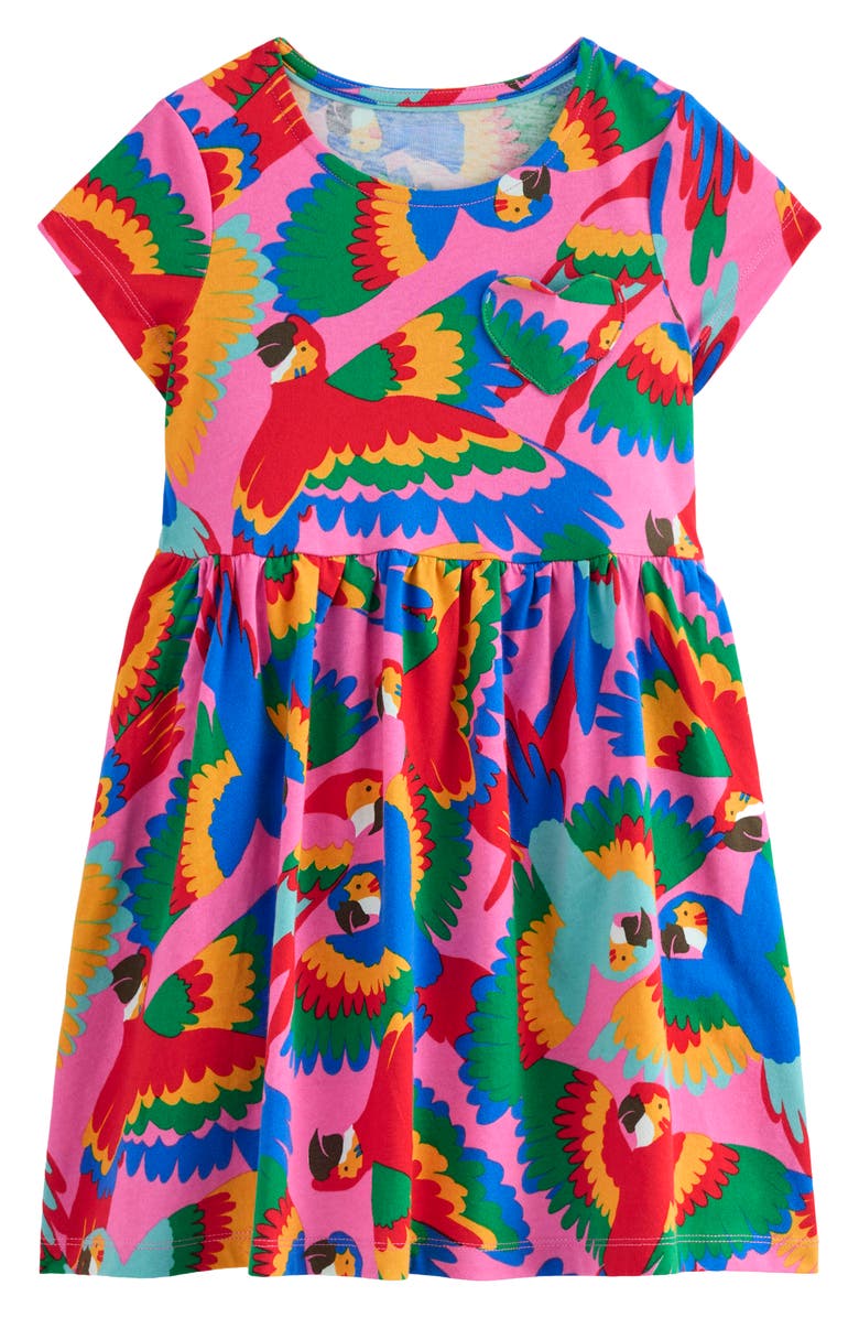 Mini Boden Kids' Parrot Print Cotton Jersey Dress, Main, color, Multi Rainbow Parrot