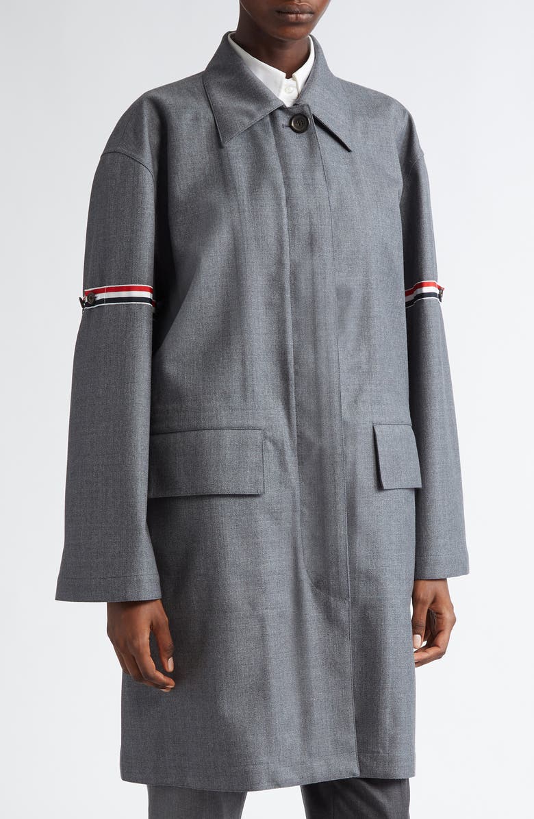 Thom Browne Tricolor Armband Water Resistant Wool Blend Twill Coat, Main, color, Medium Grey