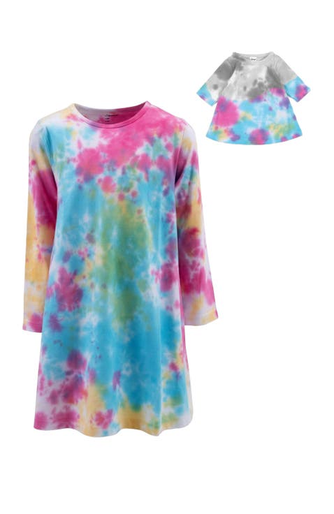 Girls Cotton Dress with Matching Doll Dress, Printed Design