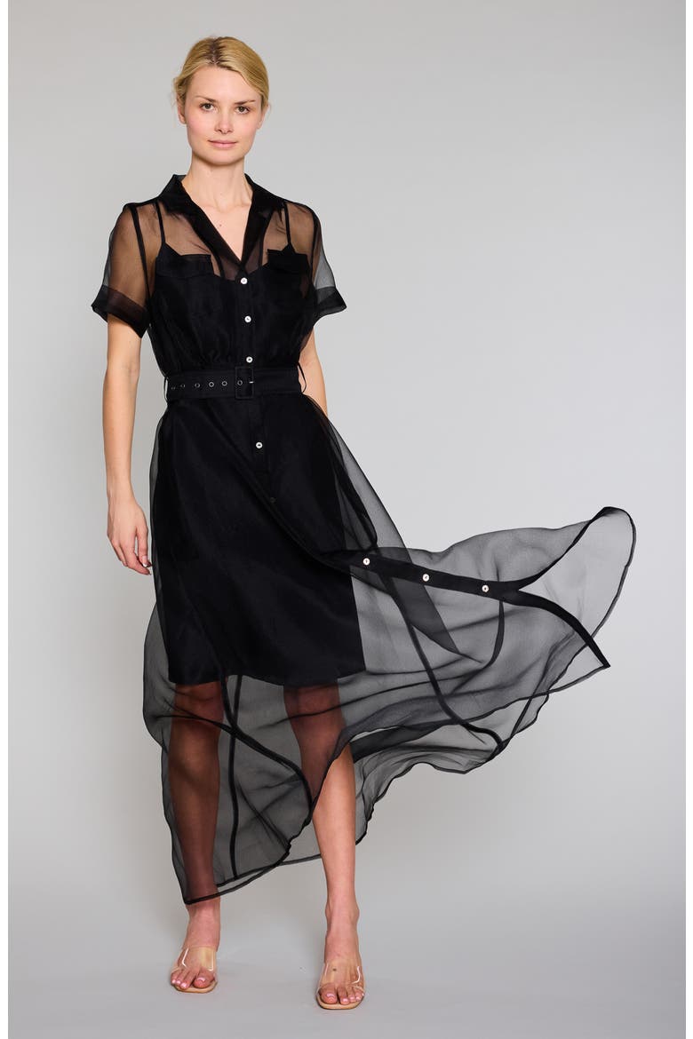 Belted Organza Button-Up Shirtdress, Alternate, color, BLACK