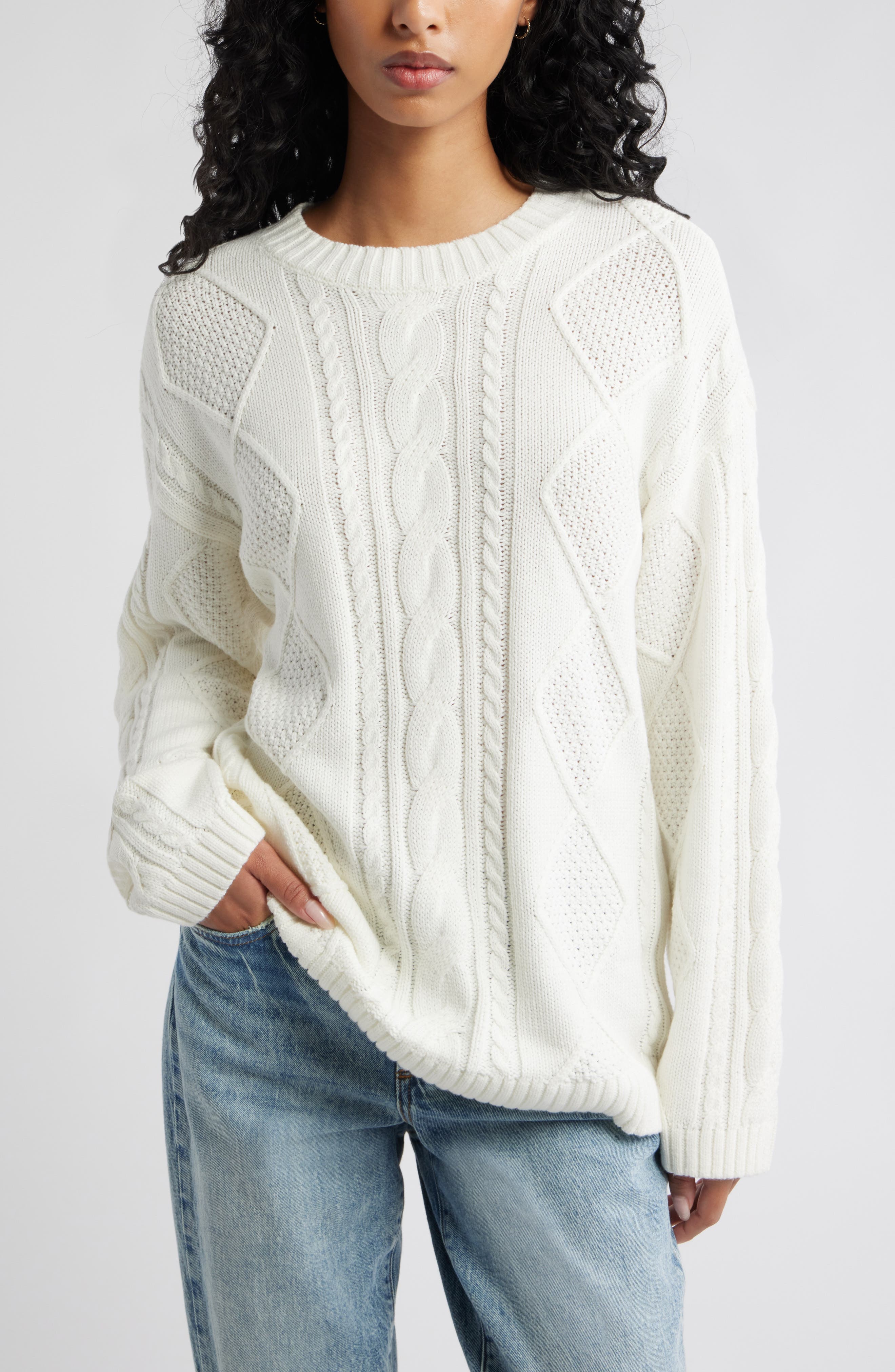 BP. Cabled Oversize Cotton Blend Crewneck Sweater