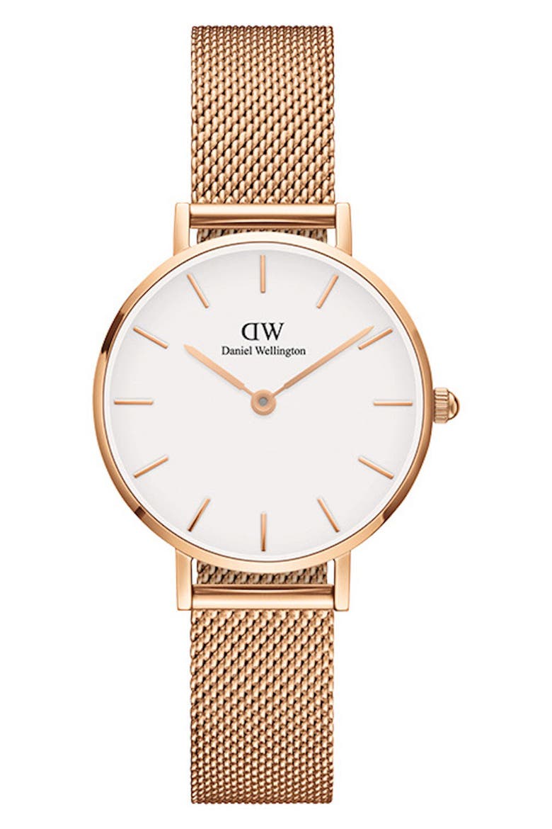 Classic Petite Mesh Strap Watch, 28mm, Main, color, BLACK/ ROSE GOLD