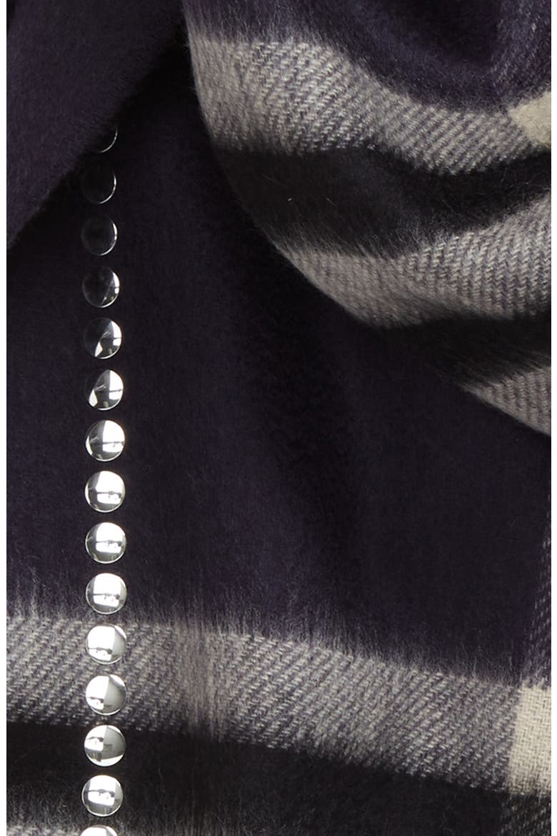 Giant Check Stud Embellished Cashmere Fringe Scarf, Alternate, color, DARK CHARCOAL BLUE