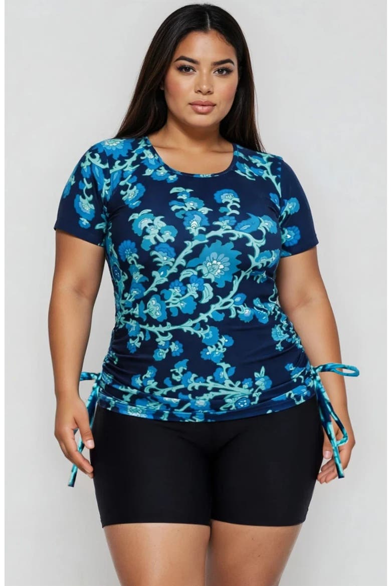 Plus Size Short Sleeve Adele Swim Top and Black Mid-Thigh Swim Shorts Set, Main, color, Barbados Blue