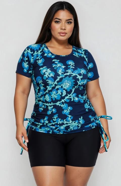 Plus Size Short Sleeve Adele Swim Top and Black Mid-Thigh Swim Shorts Set