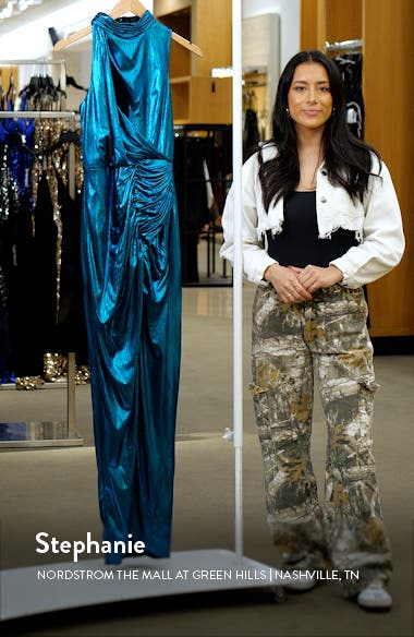 （US発）Mac Duggal カットアウト付きハイネックガウン Mac Duggal◇カットアウトグリーンハイネック ティアード ガウン