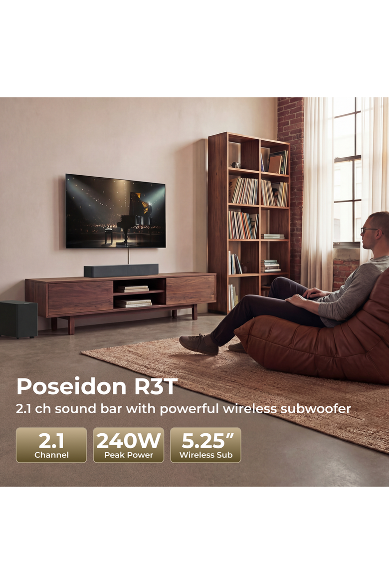 Poseidon R3T 2.1ch Soundbar with Wireless Subwoofer, Alternate, color, Black