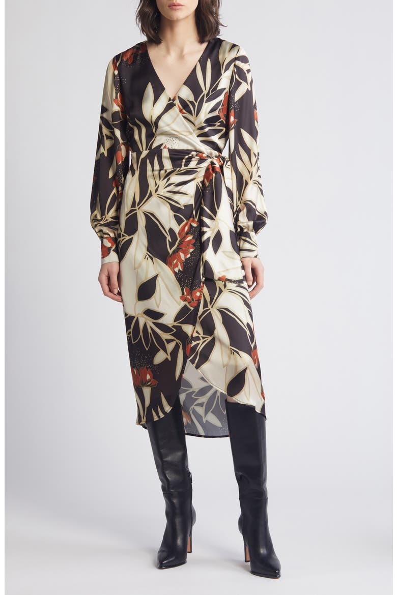 Protea Long Sleeve Satin Wrap Dress, Main, color, BLACK MULTI