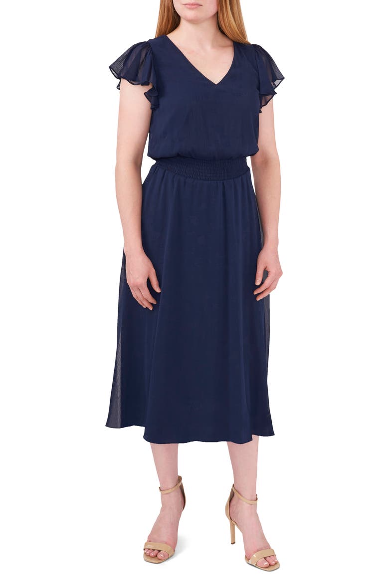 Smock Waist Flutter Sleeve Midi Dress, Main, color, CLASSIC NAVY