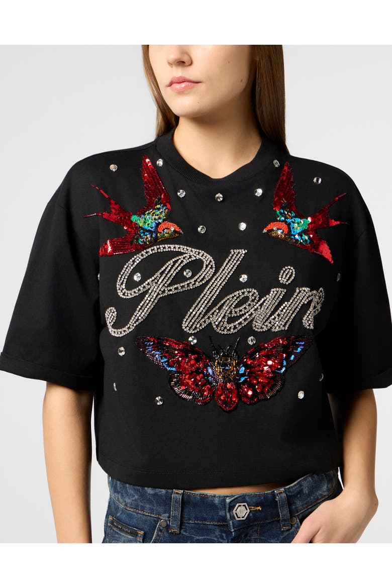 Cropped T-Shirt Tattoo Strass Women, Alternate, color, black