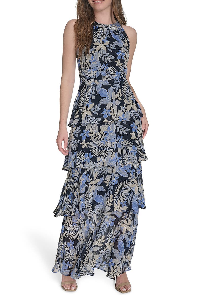 blue floral sleeveless chiffon tiered midi dress Floral Sleeveless Tiered Chiffon Maxi Dress (Women)