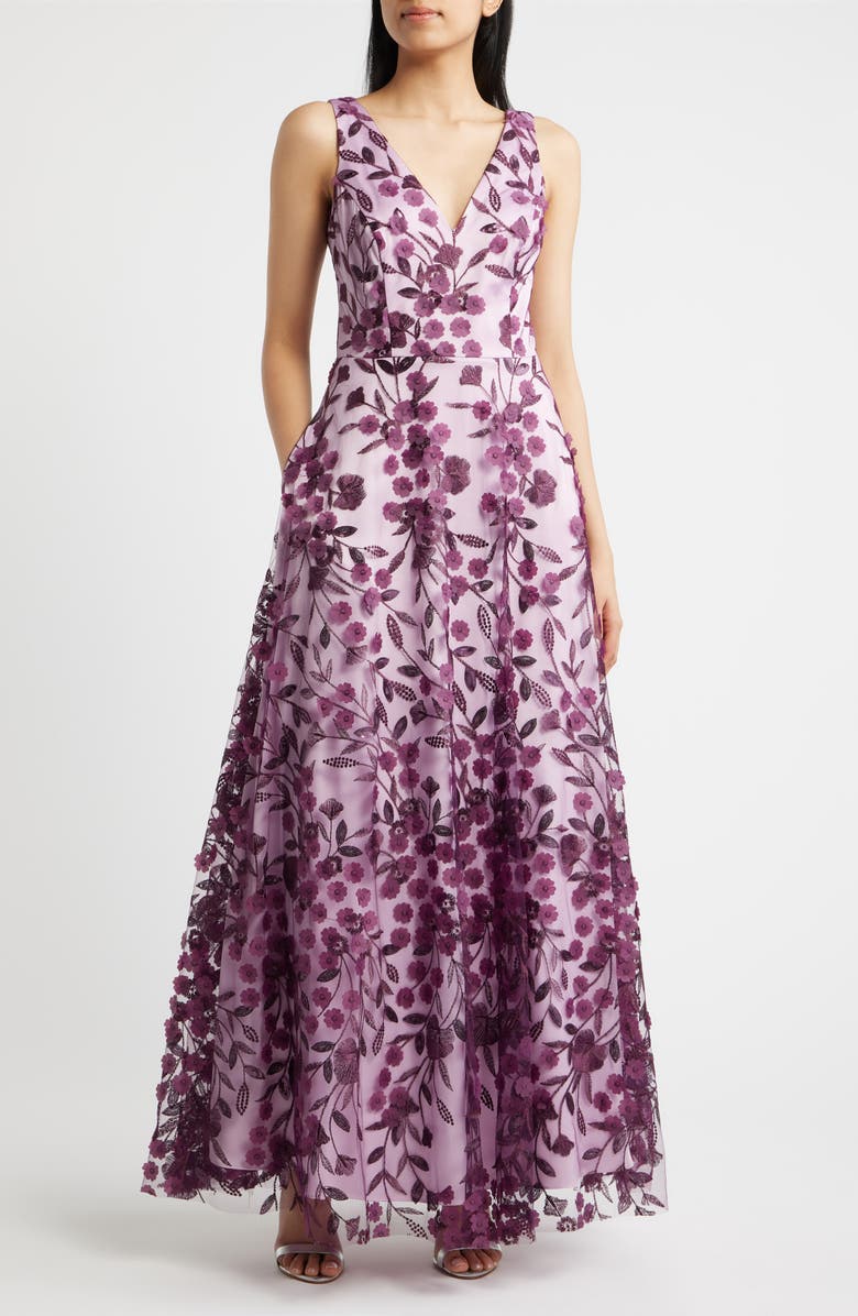 Eliza J Floral Appliqué Sleeveless Gown, Main, color, Plum Combo