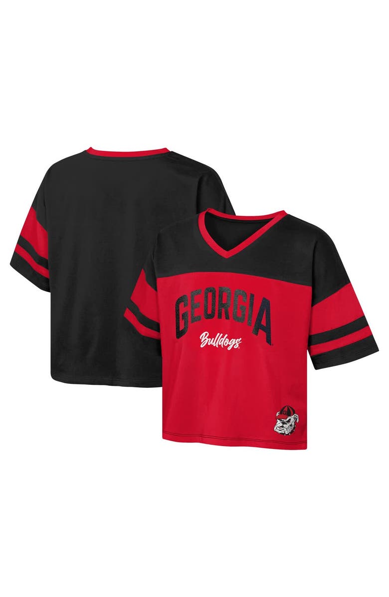 Outerstuff Girls Youth Red Georgia Bulldogs The Playmaker Sleeve Stripe V-Neck Jersey T-Shirt, Main, color, 