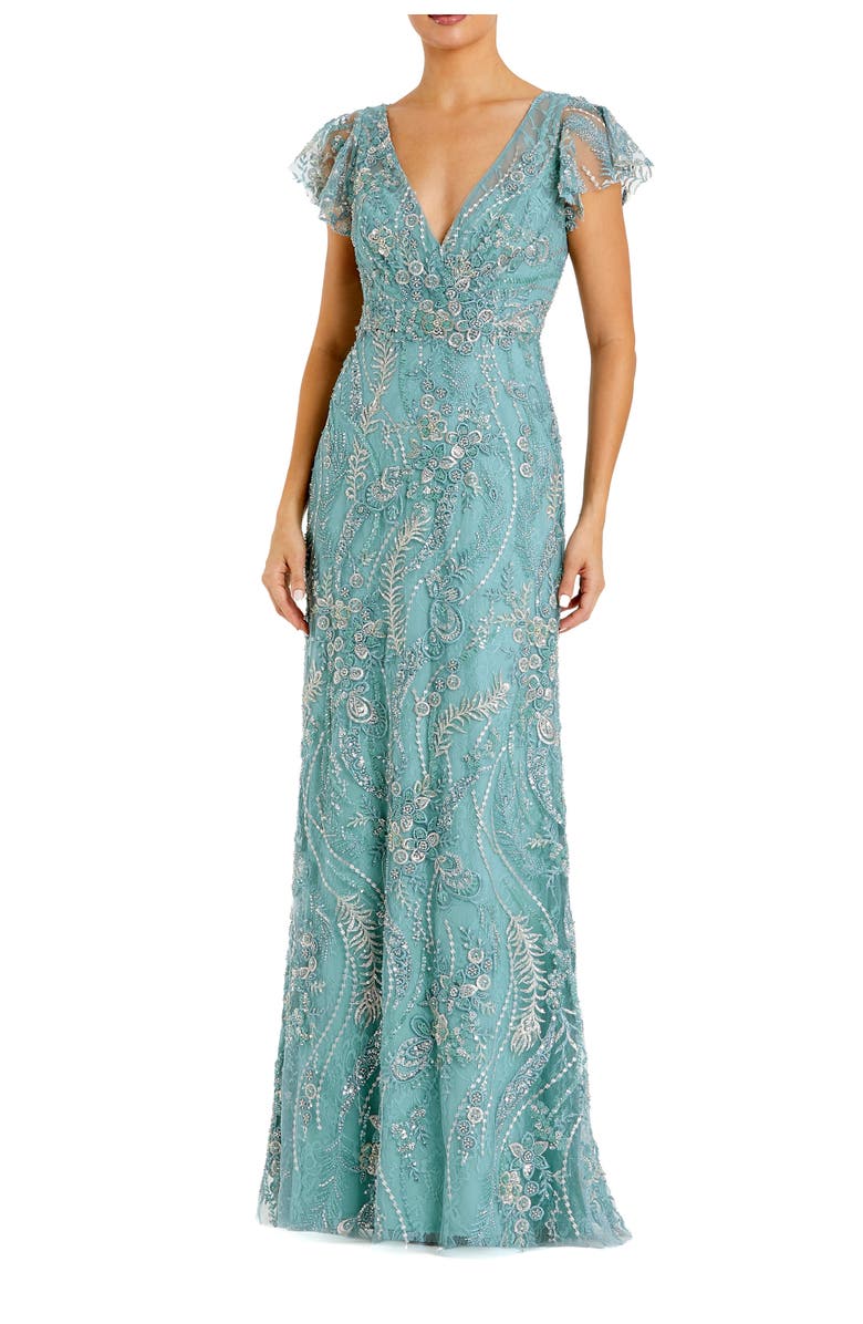 Mac Duggal Petite V Neck Flutter Sleeve Floral Embroidered Gown, Main, color, Seafoam