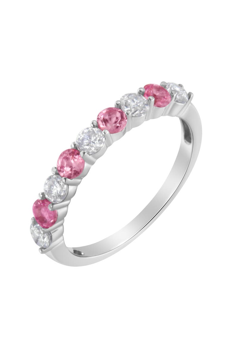 10K Gold 1/2 cttw Diamond and 3MM Created Gemstone Band Ring, Alternate, color, Pink Sapphire