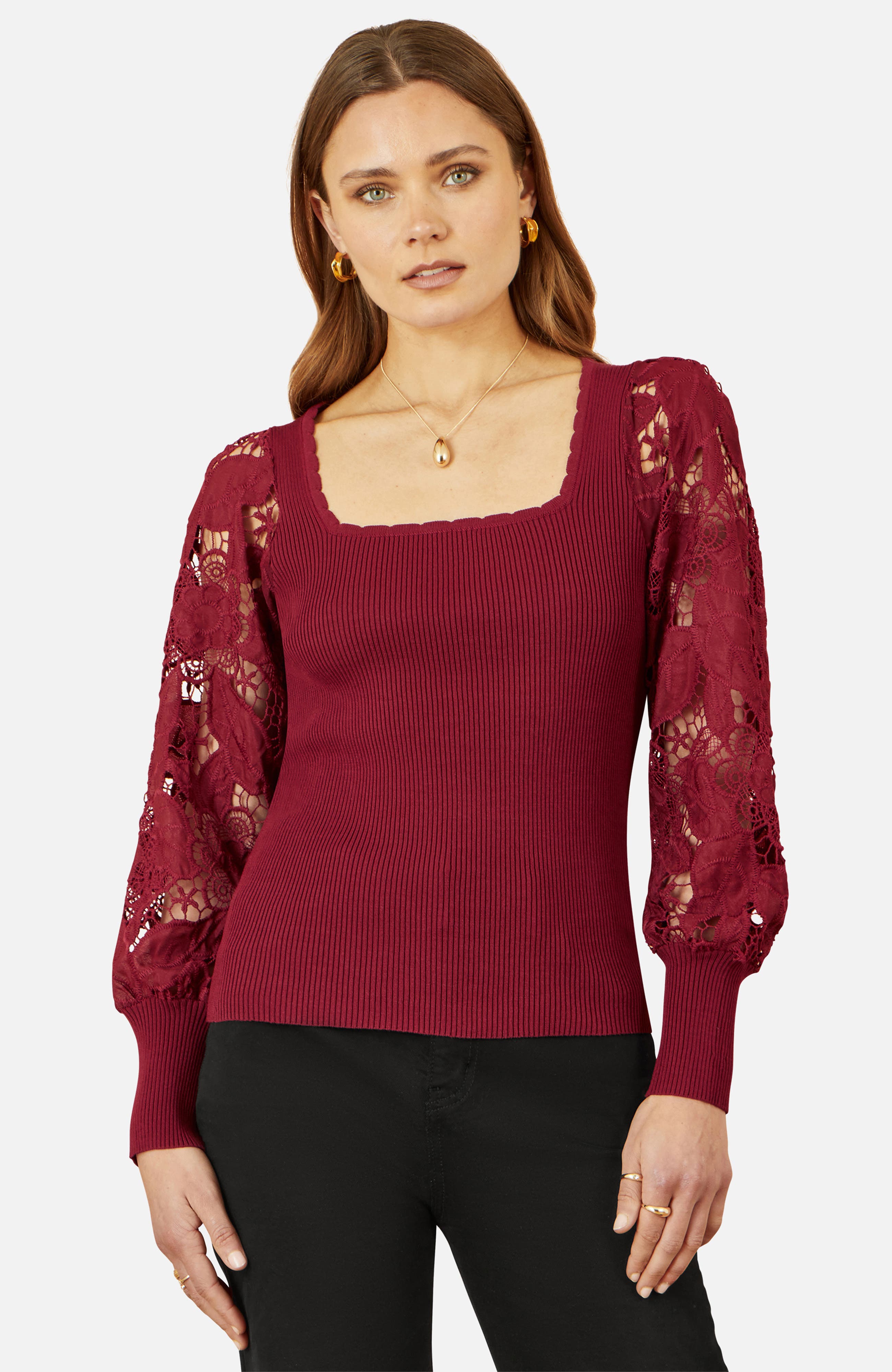 Ribbed Knitted Lace Sleeve Sweater - image 3