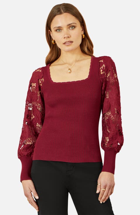 Ribbed Knitted Lace Sleeve Top