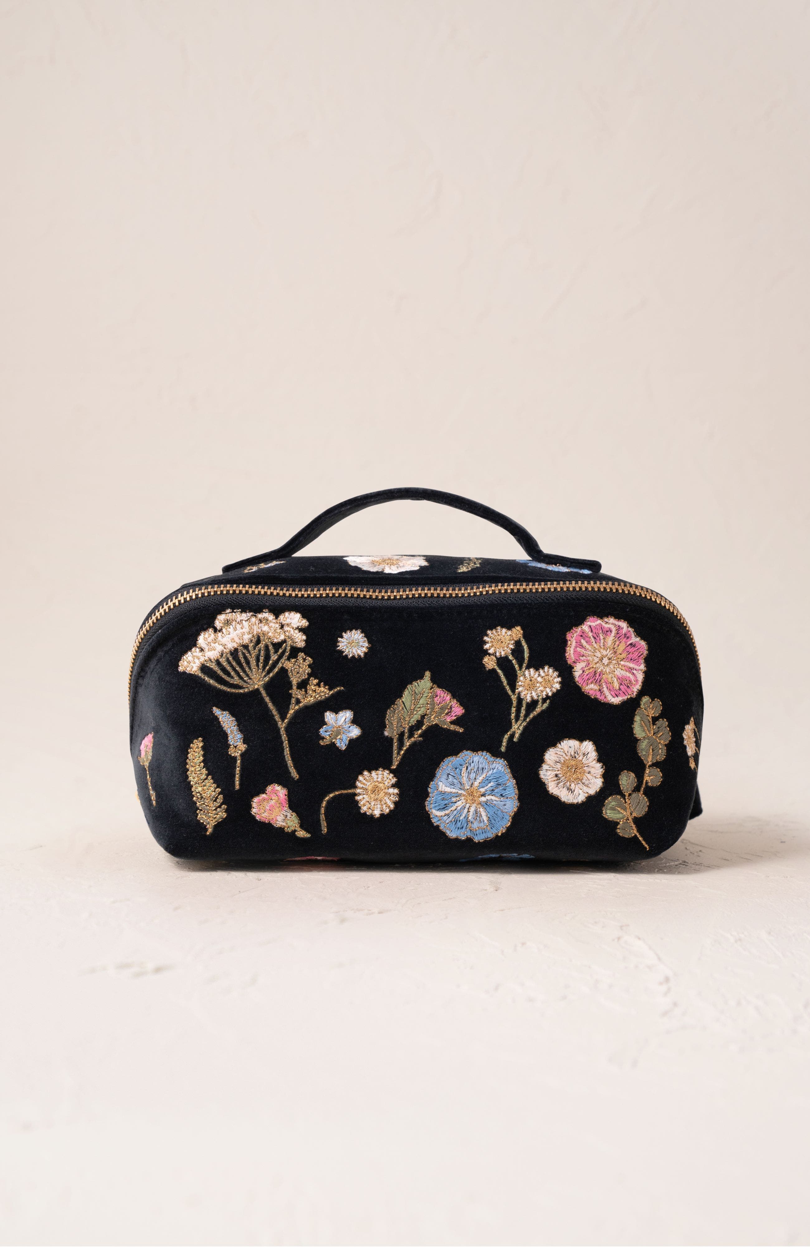 Pressed Flowers Velvet Open Flat Makeup Bag, Main, color, Charcoal