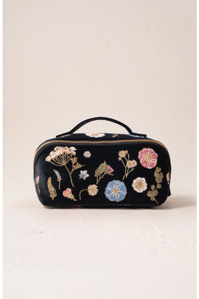Pressed Flowers Velvet Open Flat Makeup Bag, Main, color, Charcoal