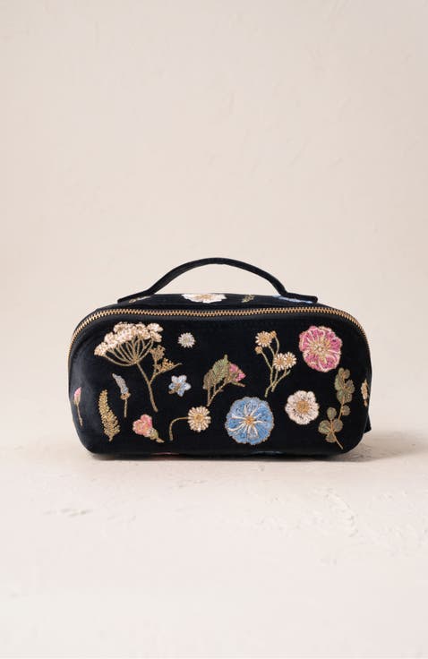 Pressed Flowers Velvet Open Flat Makeup Bag