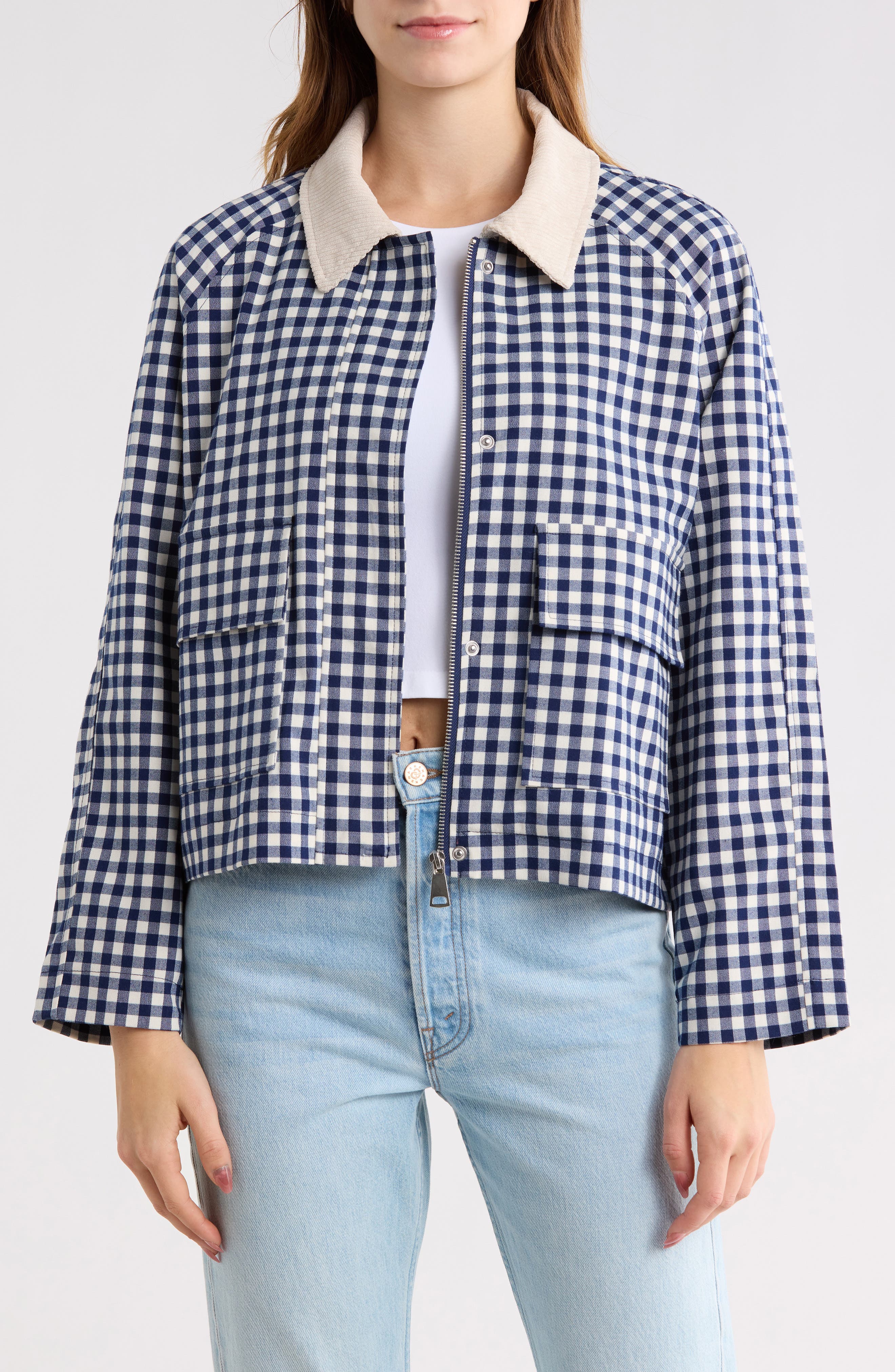 Vigoss Corduroy Collar Gingham Shirt Jacket