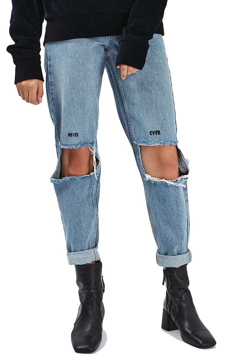 Topshop Embroidered Slogan Ripped Jeans, Main, color, 