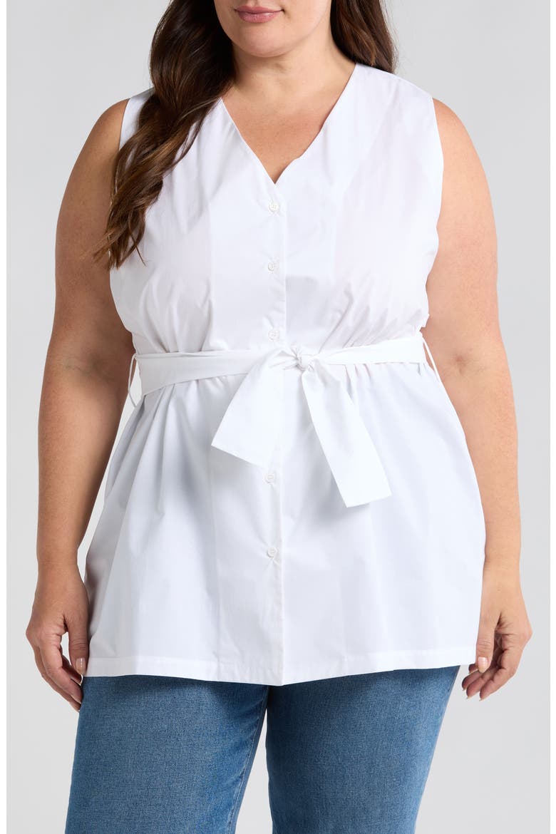 Reya Tie Waist Sleeveless Poplin Button-Up Top, Main, color, WHITE